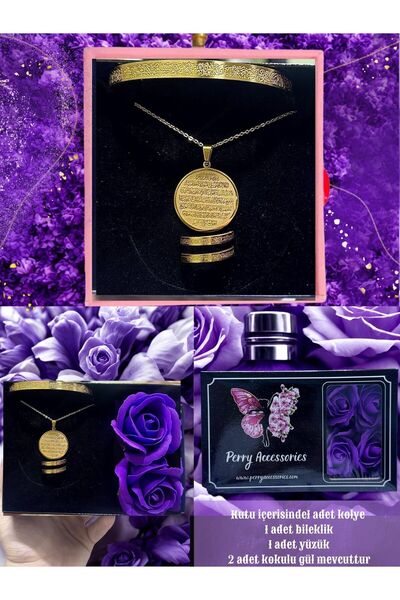 Perry Accesories kararmaz çelik koruyucu dua ayetel kürsi kolye bileklik yüzük seti özel güllü kutuda dualı hediye