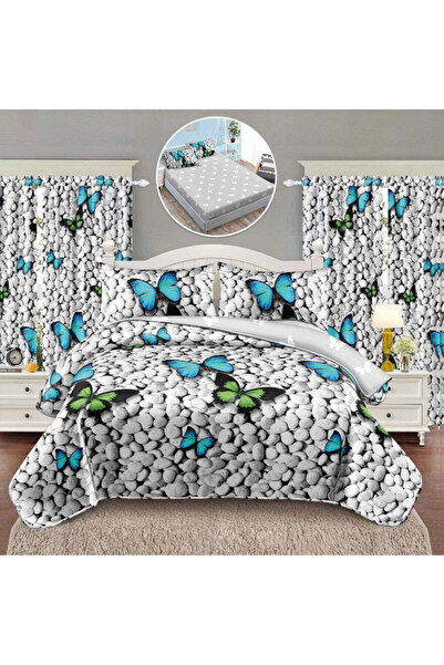 trendyhome Set de lenjerie de pat dublu, bumbac gros fin, 8 piese (6+perdele), model fluture, alb/albastru/verde