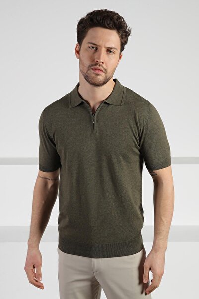 Ferraro Khaki Polo Neck Zippered Men's Cotton Knitwear T-Shirt