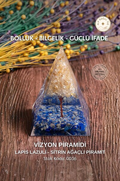 Alp Doğal Taş Sertifikalı Lapis Lazuli - Sitrin Ağaçlı Piramit Vizyon Piramid...