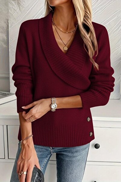 Mossta Double-Breasted Collar Button Detailed Knitwear Blouse - Claret Red