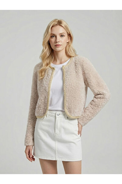 Qoolest Kadın Kontrast Biyeli Tüylü Yumuşacık Pamuklu Crop Triko Hırka