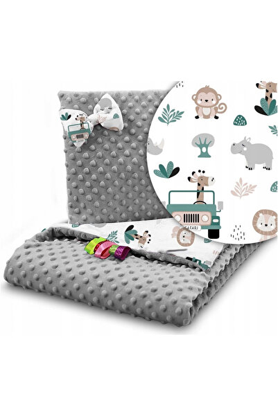 Babymam Set paturica 75x100 cm si perna 35x30 cm pentru copii, minky grey safari, versatila cu doua