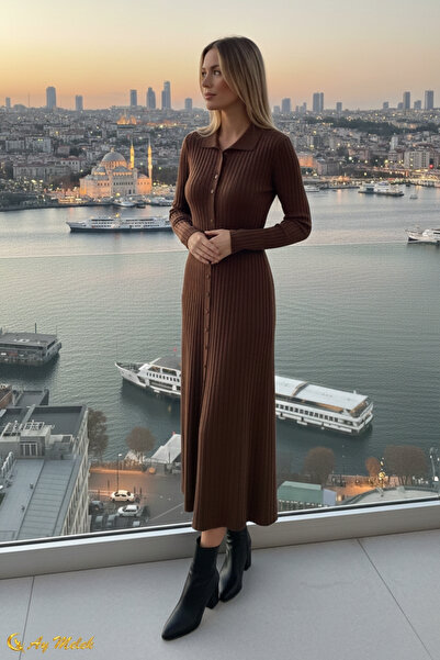 AYMELEK Women's Knitwear Dress Polo Neck Buttoned Belt Detailed Dress