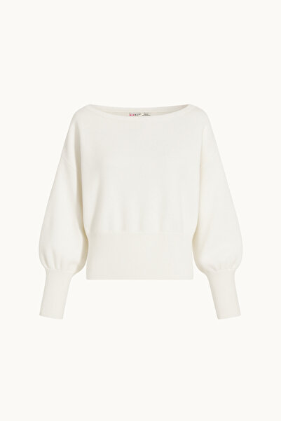 Mixray 6988 Women's Asymmetrical Rib Cut Boat Neck Knitwear Sweater White