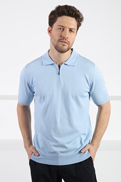 Ferraro Blue Polo Neck Zippered Men's Cotton Knitwear T-Shirt