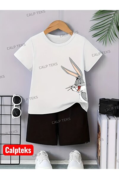 CALP TEKS طقم صيفي مكون من شورت وتي شيرت مطبوع عليه أرنب ياندان