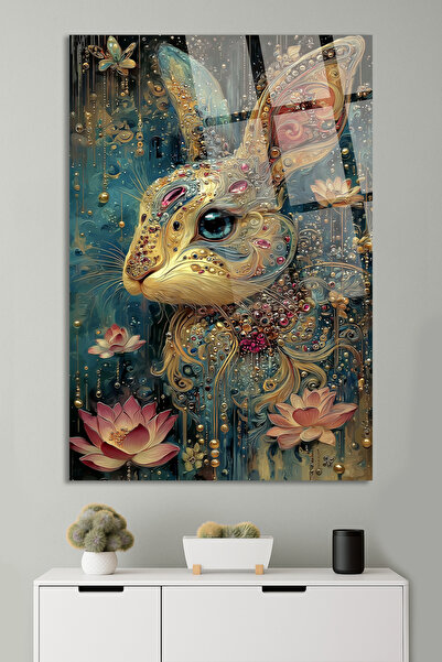 TAULART Tablou din sticlă de lux, cu flori de lotus brodate cu bijuterii, design artistic, rezistent la spargere