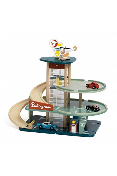 Classic World Vintage Wooden Garage – Multi-Level Parking with Cars, Elevator & Helicopter