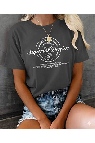 BW Bravely Wear تي شيرت نسائي قصير الأكمام مطبوع من الدنيم الفاخر