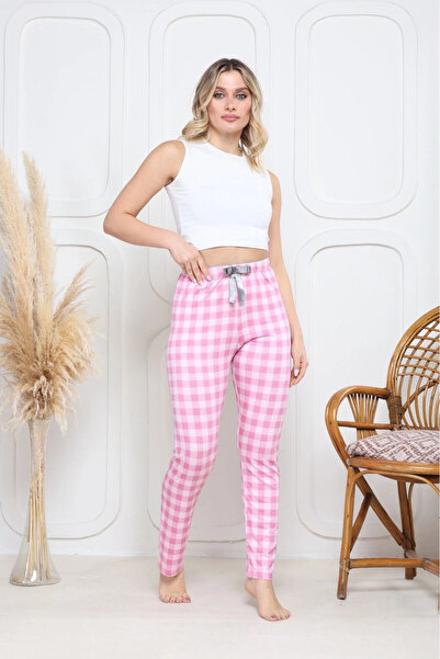 Zerenyus Q6018 Viscose Stretch Fabric Bottom Pajama Set Plaid Pink Patterned