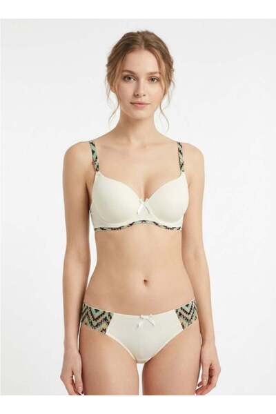 Comfort طقم حمالة صدر وسروال داخلي مطبوع مطبوع للنساء - كوب ناعم، حمالات قابلة للتعديل - كريمي