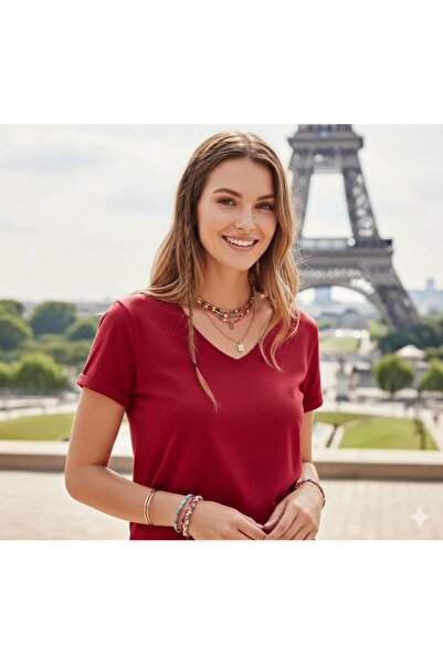 BW Bravely Wear تي شيرت نسائي ذو رقبة على شكل حرف V بدون طباعة