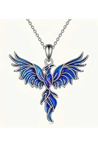 sarıyer silver Phoenix Model Blue Color Enamel Embroidered Stylish Design Steel Necklace Suitable for Daily Use