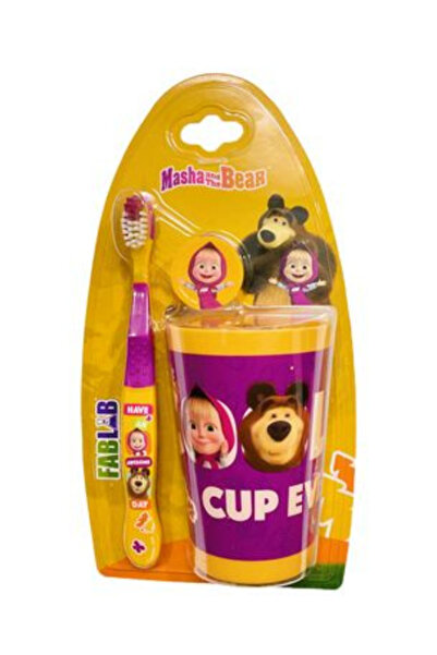 Fab lab مجموعة العناية بالفم للأطفال من ماشا والدب: فرشاة أسنان فائقة النعومة مع غطاء صحي وكوب شطف
