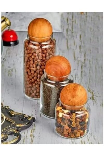 STOREMAX 3’lü Ahşap Kapaklı Cam Saklama Kavanoz Seti – Modern Küre Kapak Tasa...