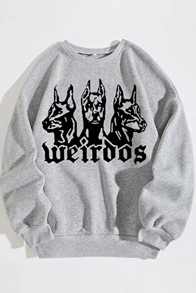 Rokeby Sweatshirt unisex cu imprimeu Doberman Weirdos gri, guler rotund