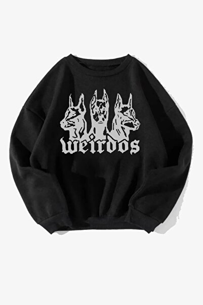 Rokeby Sweatshirt Unisex Weirdos cu imprimeu Doberman negru, guler rotund