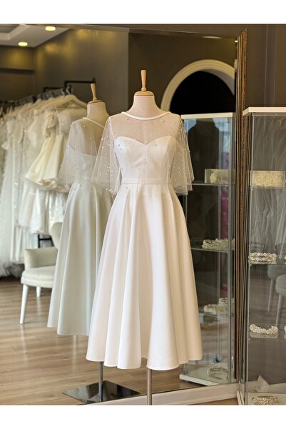 Lenta Wedding Beyaz Kalp Yaka Saten Midi Boy Nişan Ve Gece Elbisesi