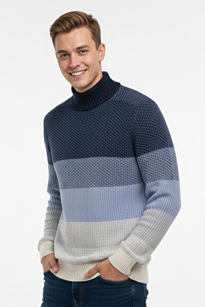 Pulltonic Мъжки дебел цветен пуловер с половин цип