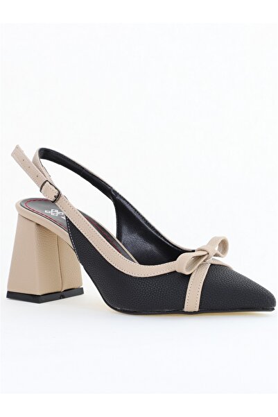 Nicoletta Pantofi Damă Decupați cu Toc Gros Negru cu Bej mat BS335AY2506396