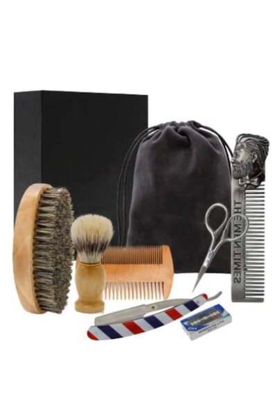 Edman Set de îngrijire a bărbii, kit de îngrijire cu 6 piese, perie, piepteni, foarfece, aparat de ras, husă