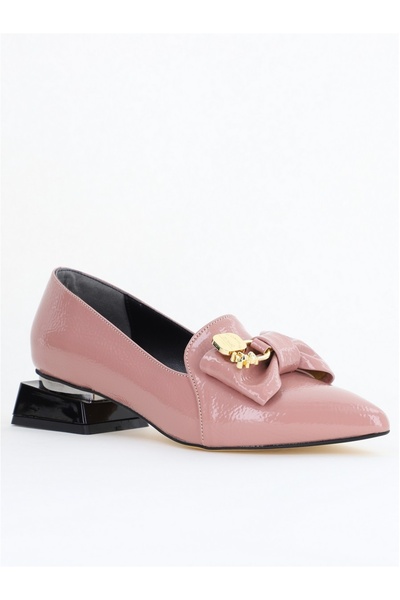 Nicoletta Elegant Low Heel Shoes with Bow Made of Patent Pink Eco-Leather