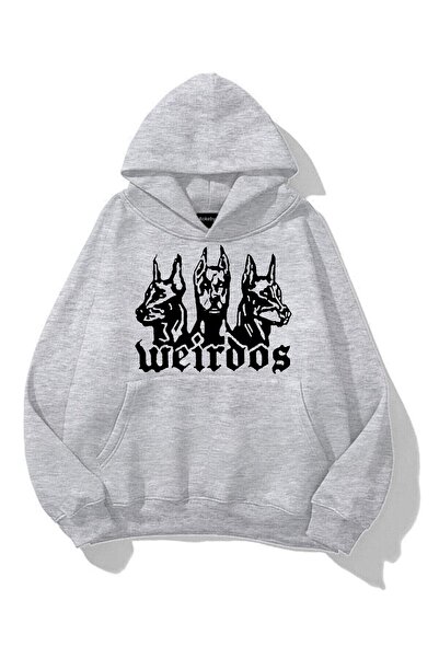 Rokeby Hanorac unisex Weirdos Doberman cu imprimeu gri cu cu glugă buzunare c...