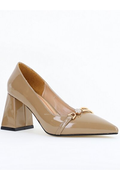 Nicoletta Pantofi damă cu toc taupe din piele ecologică cu pietricele