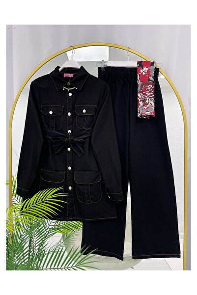 YEDİLALE سترة بأربعة جيوب مع حزام وبنطلون جينز واسع الساق طقم مكون من قطعتين [الشال غير مشمول]