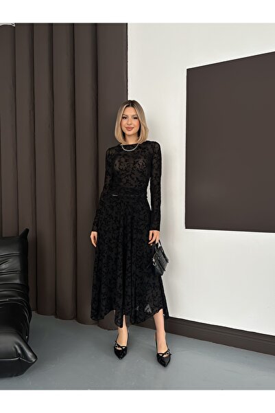 MODAMERSİ Women's Black Lace Blouse Skirt Bottom Top Set