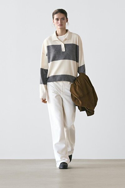 Massimo Dutti Çizgili polo yaka triko kazak