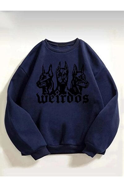 Rokeby Sweatshirt unisex Weirdos cu imprimeu Doberman bleumarin, guler rotund