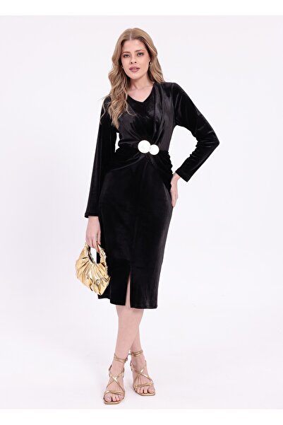 etselements Luxury Velvet Fabric Stylish Buckle Detail Dress Ets1006