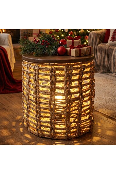 Mylamp EDİS Aydınlatmalı ve Kapaklı Doğal Abaka Dekorasyon Sepeti ve Sehpa 40...