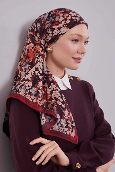 Levidor Flowery Abstract Pattern Twill Silk Scarf-Red