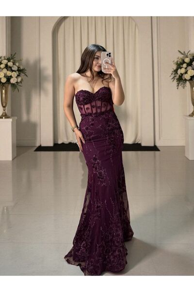 OLA Flora Üç Boyutlu Çiçek İşlemeli Balık Kesim Mor Abiye Elbise