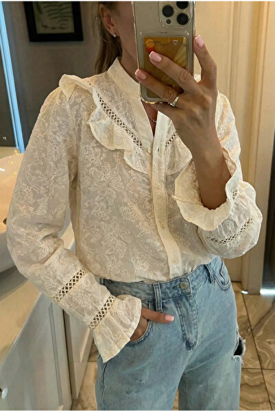 FEMELLE Women's Cream Buttoned Shirt with Ruffled Embroidery on the Wrists