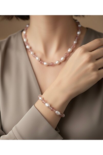 Zokak 925 Ayar Gümüş gerçek inci kuvars taşı seti, Orjinal inci kolye bileklik seti. Gümüş inci set