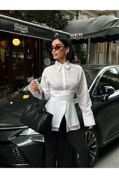ZUSA store Beyaz Asimetrik Bel Detaylı Gömlek