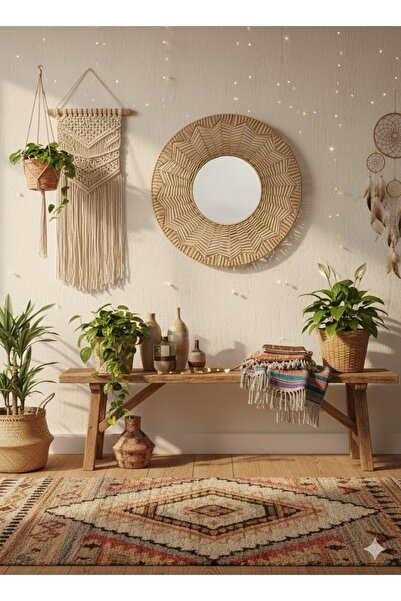 KirazEv Bohem Duvar Aynası 56cm Hasır Rattan Dekoratif Ayna