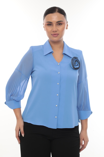 KİFAYET Büyük Beden (50-56) Gömlek Yaka Taşlı Düğmeli Şifon Kol 3D Çiçek Akse...