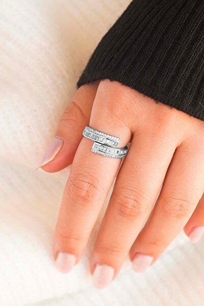 TREND COLLECTİON Işıltılı Gümüş Renk Baget Taşlı Ayarlanabilir Vip Kadın Yüzük