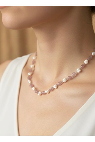 Zokak 925 Ayar Gümüş Hakiki inci ve Kuvars taşı kolye, Orjinal inci kolye, Gümüş inci kolye