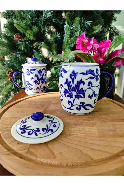 Madame Coco Revve Floral Patterned Blue/White Mug with Lid - 220 ml - 1 Piece
