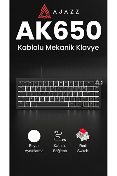 Ajazz AK650 Kablolu Hot Swap Mekanik Oyun Klavyesi-Beyaz Aydınlatma-%65 Düzen...