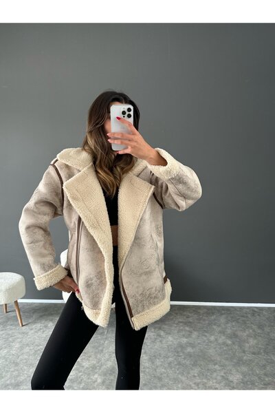 VESS MODA معطف نسائي من جلد النوبوك الكريمي ذو قصة فضفاضة أنماط منقوشة مع فرو قطيفة من الداخل