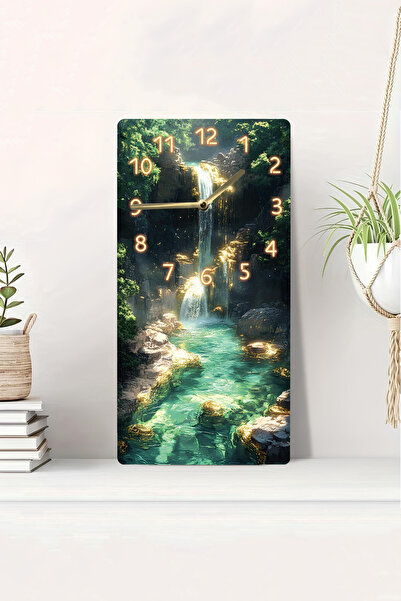 kutuTR 3D Görünümlü Şelale Temalı 2DUV Baskı MDF Tablo Saat 20x40Cm Akarsu ve Doğa Manzaralı -DTS025