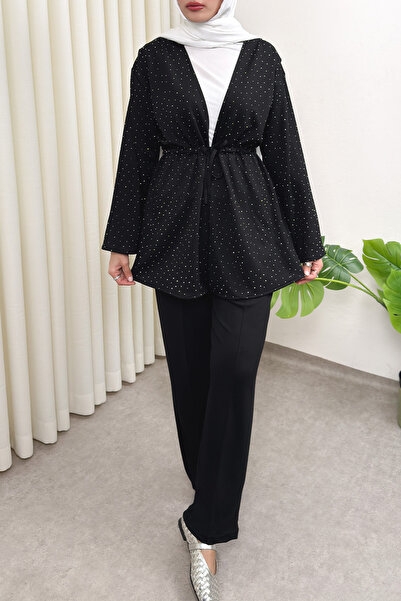 Salih Çelebi Σετ κιμονό με πέτρινες λεπτομέρειες και κορδόνια 51712 - ΜΑΥΡΟ