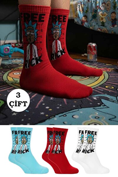 CLEWEAR Unisex Renkli Free Rıck Desenli Çorap 3'lü Paket